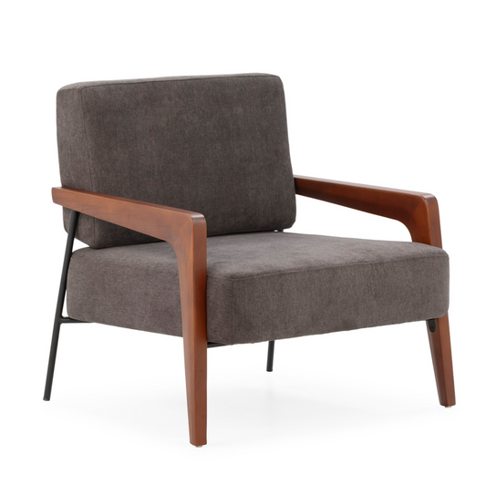 Sillón Mid-Century Industrial de Haya Nogal, Metal Negro y Tela Gris | Thai Natura