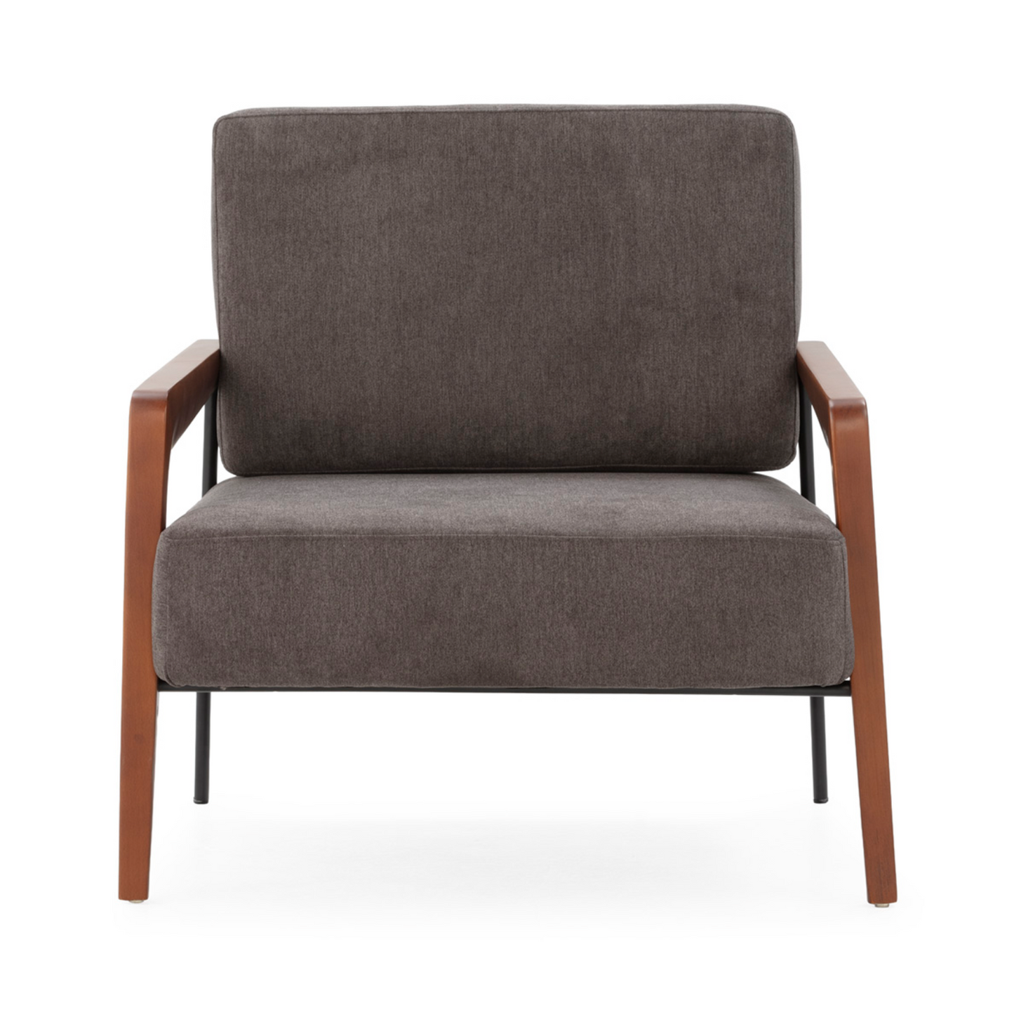 Sillón Mid-Century Industrial de Haya Nogal, Metal Negro y Tela Gris | Thai Natura
