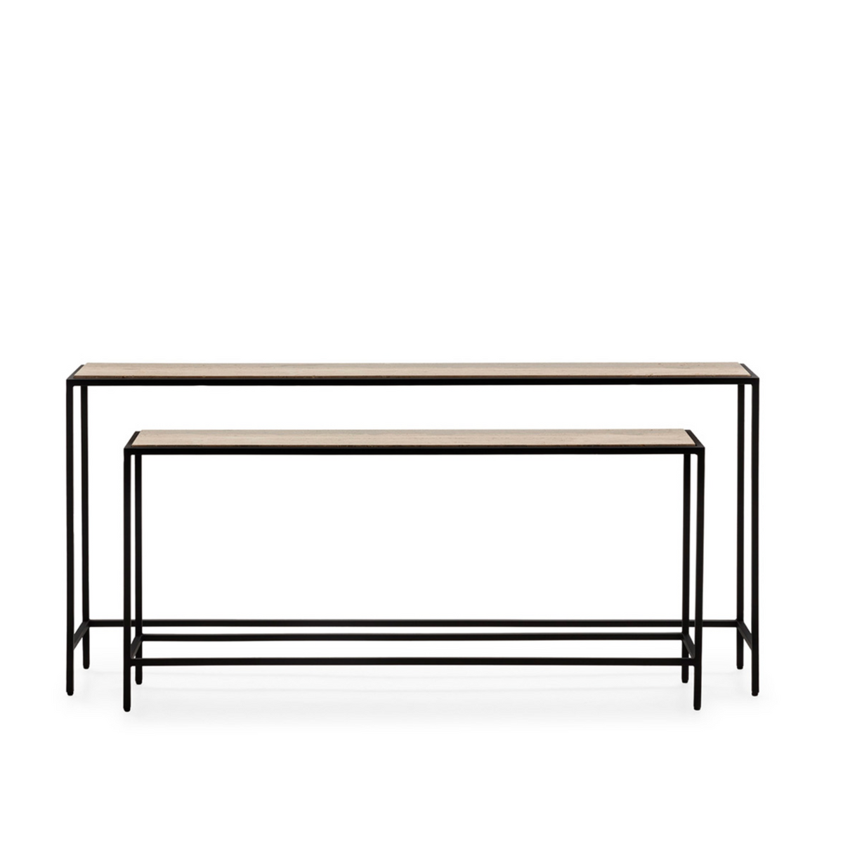 Set 2 Consolas Vintage Mármol Travertino y Metal Negro | 148 + 122 cm