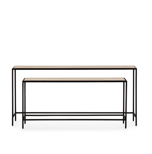 Set 2 Consolas Vintage Mármol Travertino y Metal Negro | 148 + 122 cm