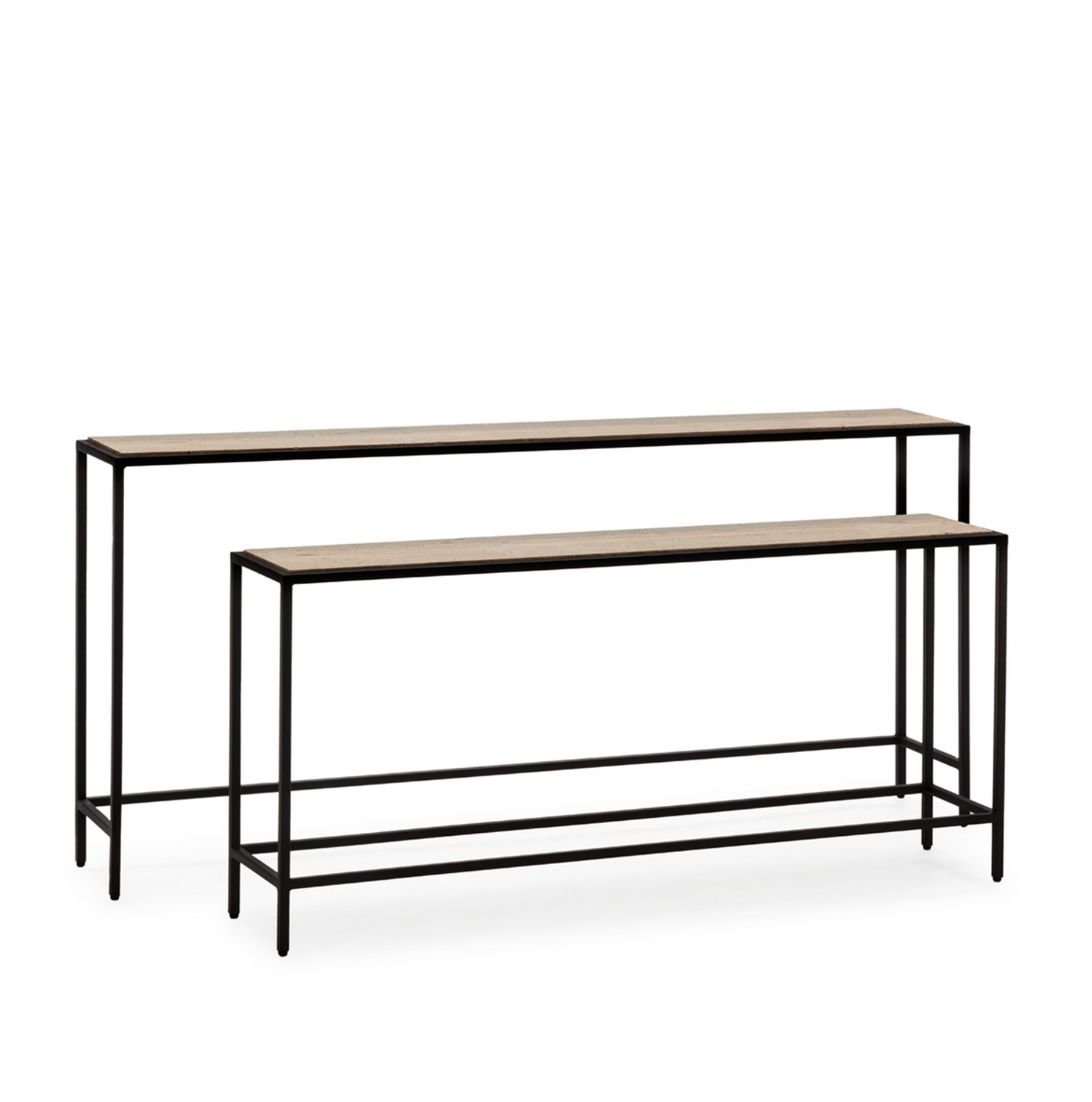 Set 2 Consolas Vintage Mármol Travertino y Metal Negro | 148 + 122 cm