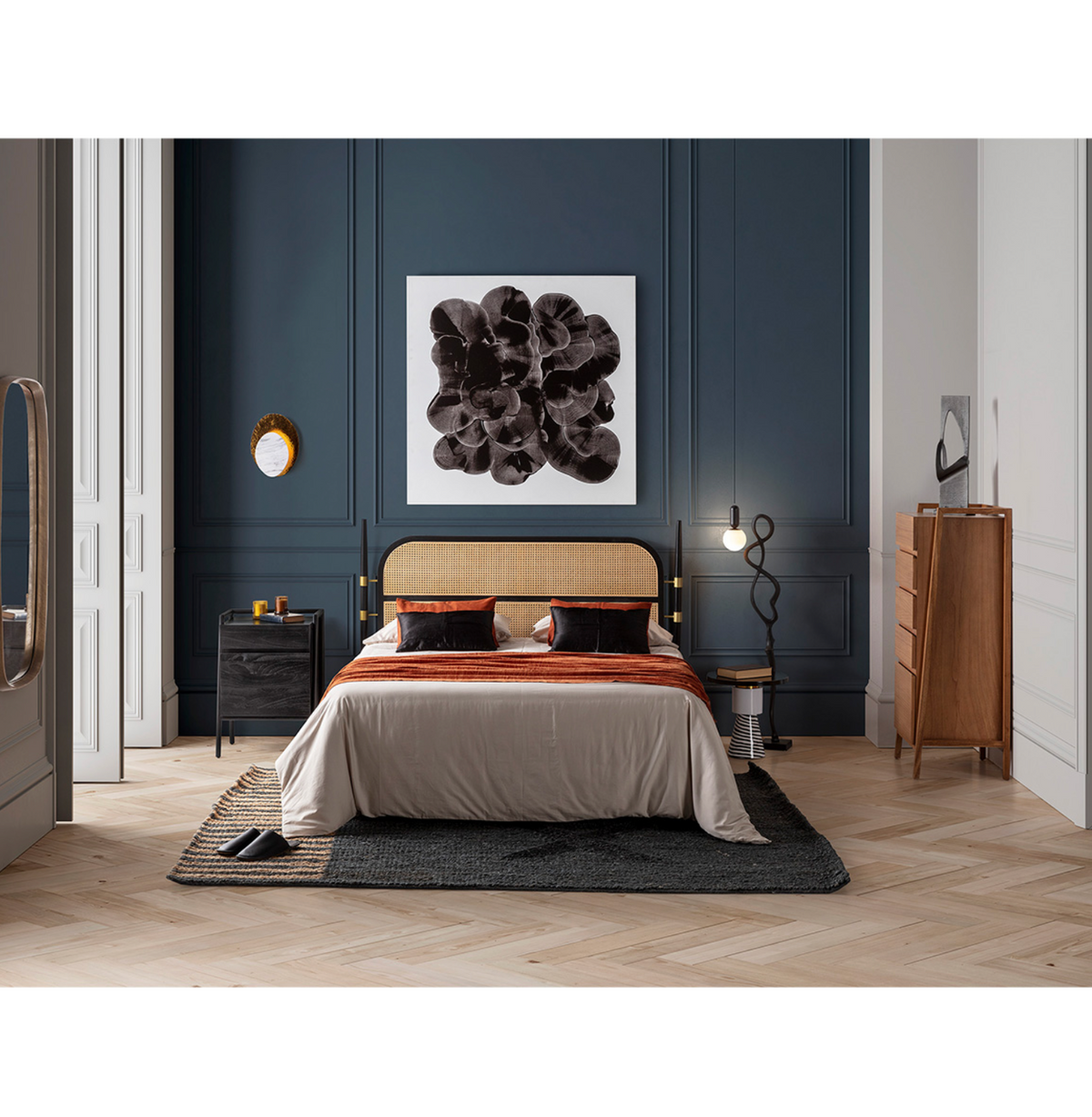 Cabecero Art Déco Ratán, Cedro y Metal | Negro y Dorado | 168 x 83 cm