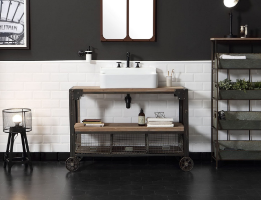 ambientación baño con lavabo sobreencimera Industrialis  sobre mueble madera