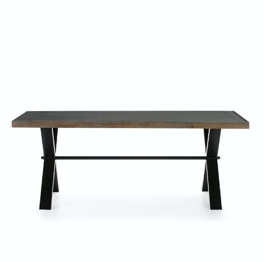 vista frontal mesa comedor cemento y madera