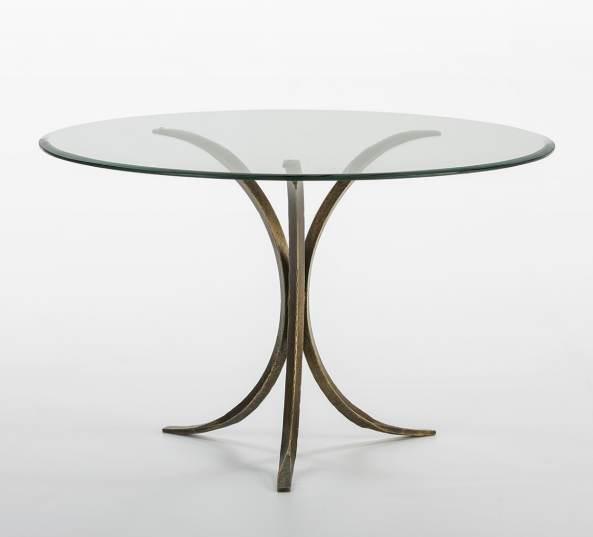 imagen mesa comedor redonda cristal y hierro forjado dorado