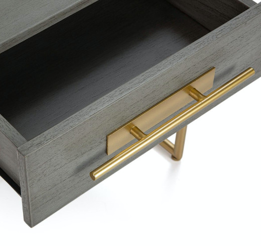 detalle cajón mesita noche madera gris/metal dorado 