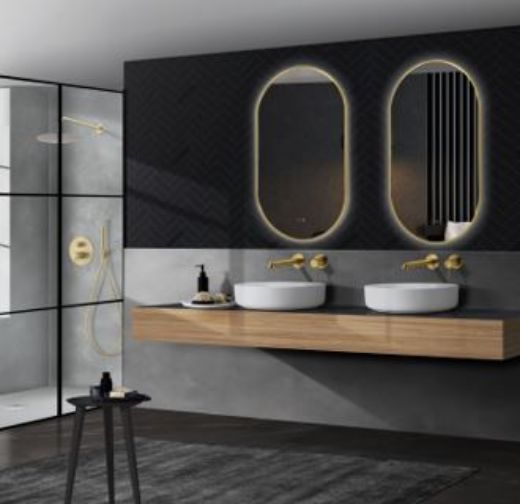 ambientación baño con espejo Tokyo oro cepillado 
