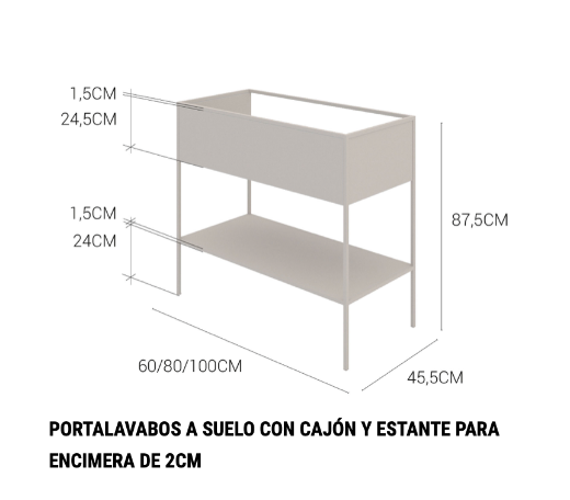 medidas mueble Tribeca a suelo con cajón y estante para encimera de 2 cm