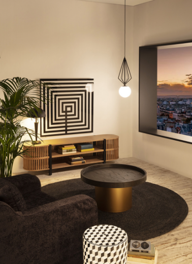 ambientación salón con mueble TV madera estilo vintage