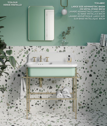 lavabo True Colors lite grande asimétrico en blanco/verde Pastello con base metálica