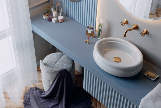 ambientación con lavabo sobreencimera ovalado Romantica estilo Vintage