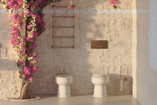 ambientación baño con inodoro y bidet a suelo Romantica estilo Vintage