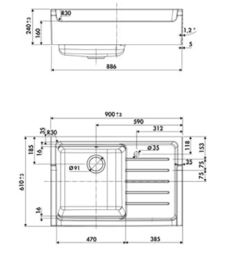 medidas fregadero cerámica con escurridor François Luisiceram