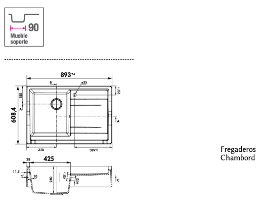 medidas fregadero con escurridor François Luisigranit 