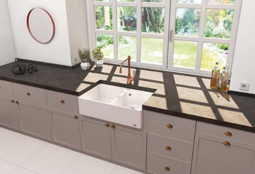 ambientación cocina con fregadero cerámica doble cubeta Clotaire II (grifo no incluido)